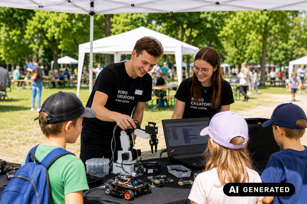 Kinder schauen zu, wie zwei Studierende am Stand mit einem Robotikarm etwas zeigen