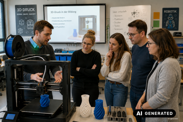 fünf Personen stehen in Seminarraum, im Vordergrund 3D-Drucker, auf dem Tisch 3D-gedruckte Modelle, man diskutiert miteinander