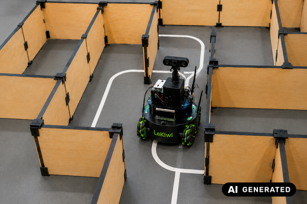in einem kleinen Labyrinth fährt ein kleiner Roboter mit Kameraaugen herum