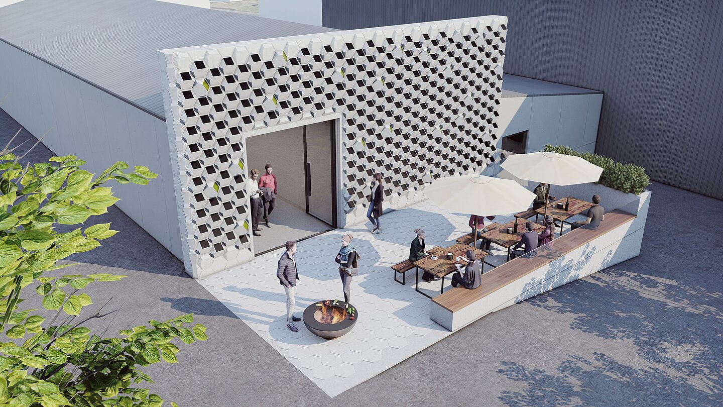 Render SolarCon Visualisierung der SOLAR.con-Demonstratorfassade auf dem Firmengelände vom Projektpartner Hering Bau