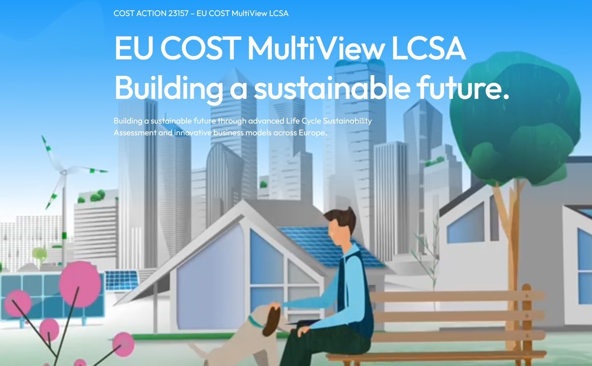 Plakative Grafik mit Person und Hund im Vordergrund, im Hintergrund Bäume, Windräder und Hochhauser. Bildaufschrift: EU COST MultiView LCSA Building a sustainable future.“