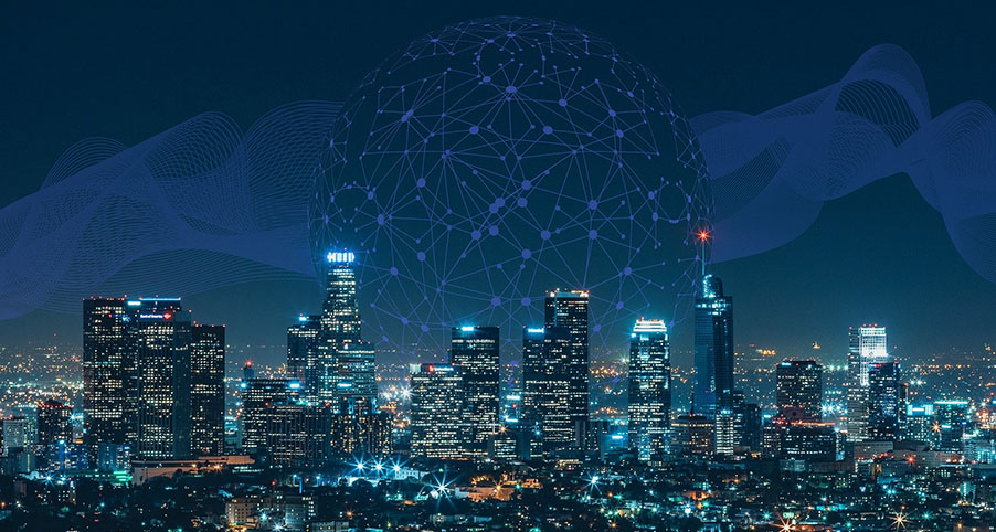 (c) pixabay, Tumisu Großstadt bei Nacht mit Wolkenkratzer-Skyline, vernetzte Weltkugel im Hintergrund